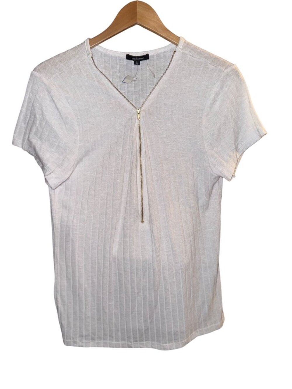 Ambiance White Short Sleeve Ribbed Zip-Front Top 1XL Womens Lightweight Casual S